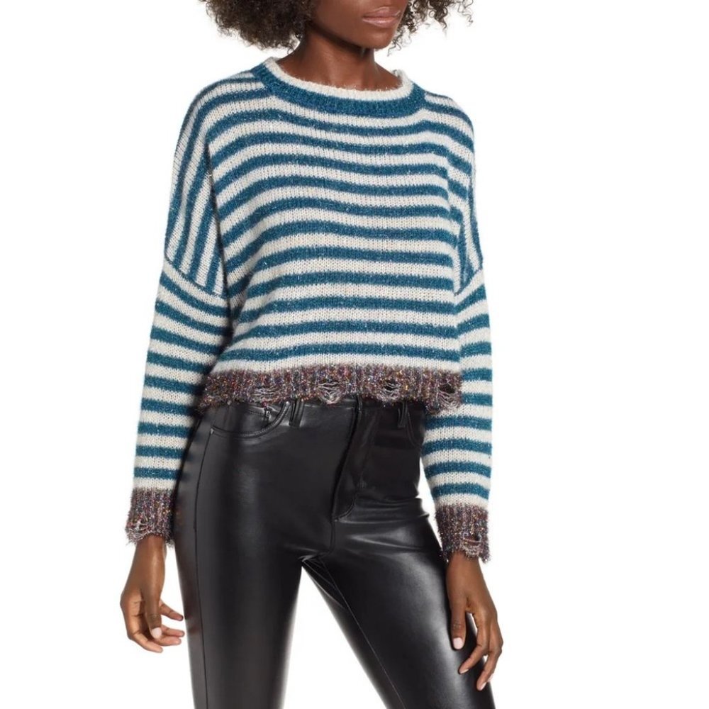 Nordstrom Pima Tinsel Striped Sweater‎ Blue Size Medium Blue White Glitter Bling